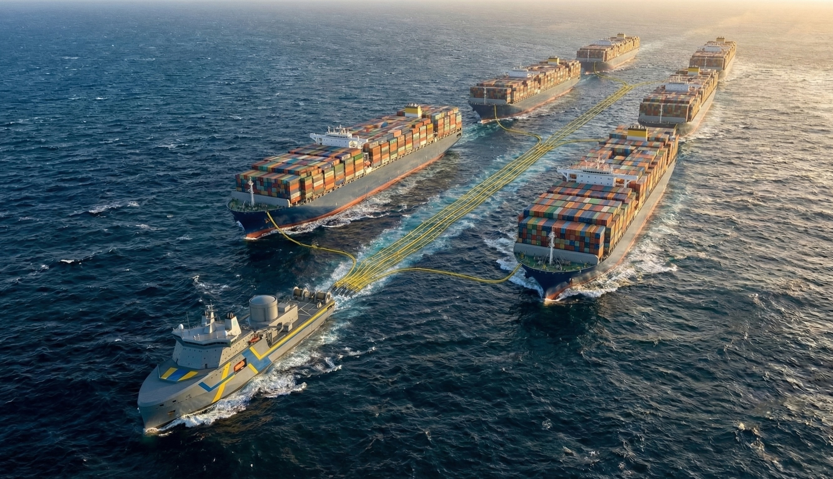 Atomarine LeadShip supplying propulsion power to multiple merchant ships at sea via dynamic cable connections