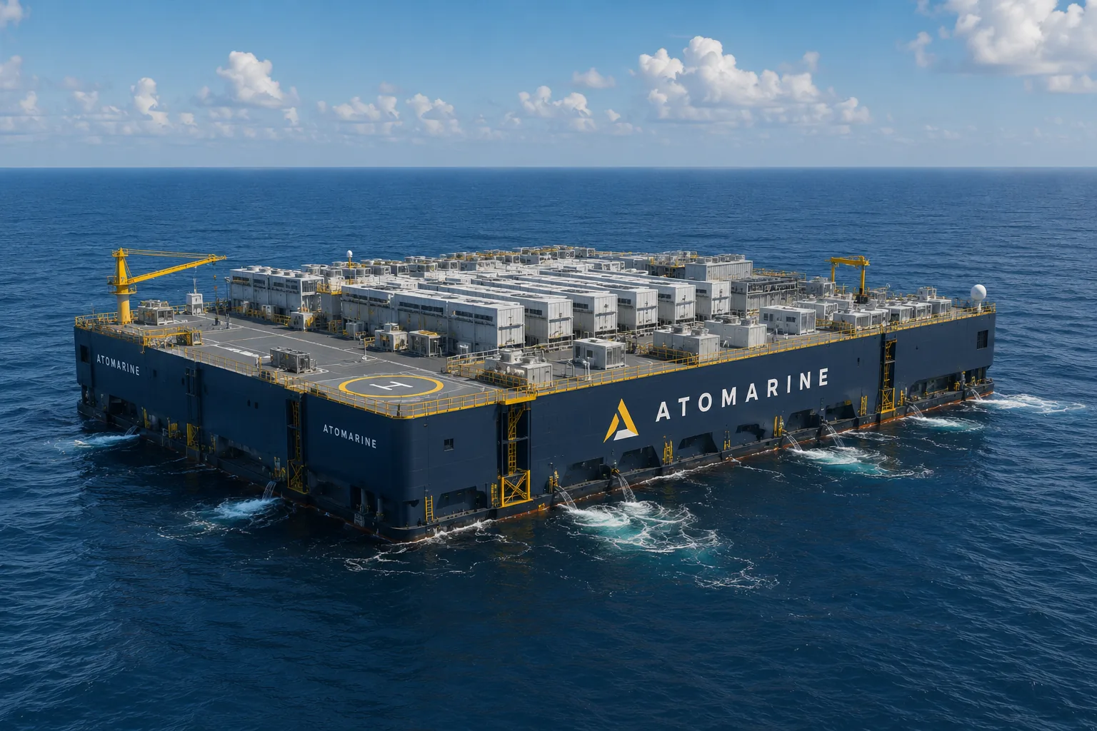 A single Atomarine compute platform at sea, carrying rows of serviceable compute halls