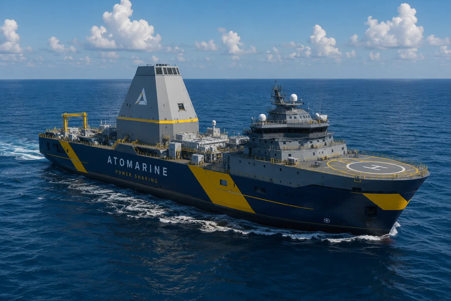 An Atomarine nuclear power vessel at sea, generating the electricity for a moored offshore data center campus